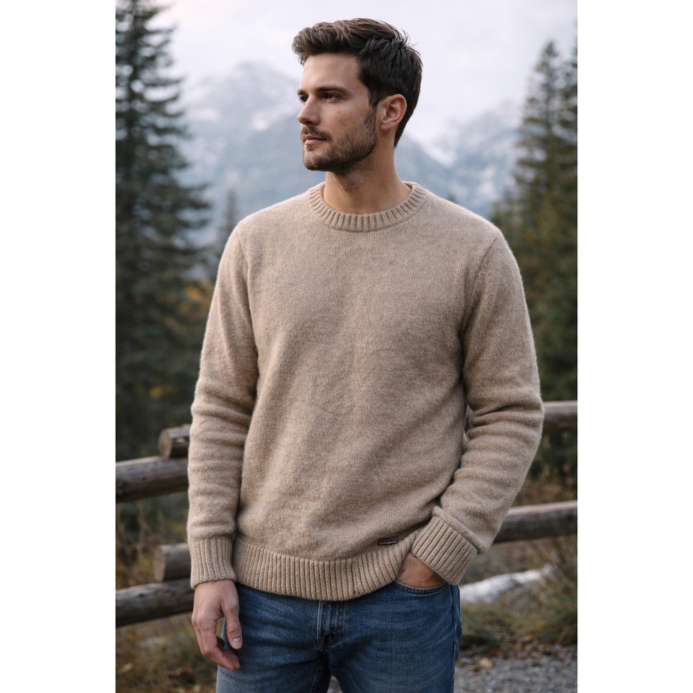 Patagonia Recycled Wool Crewneck Sweater Tan Outdoor Minimalist SZ S